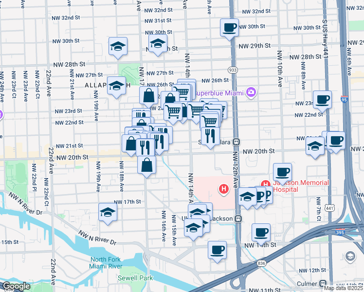 map of restaurants, bars, coffee shops, grocery stores, and more near 1440 Northwest 21st Street in Miami