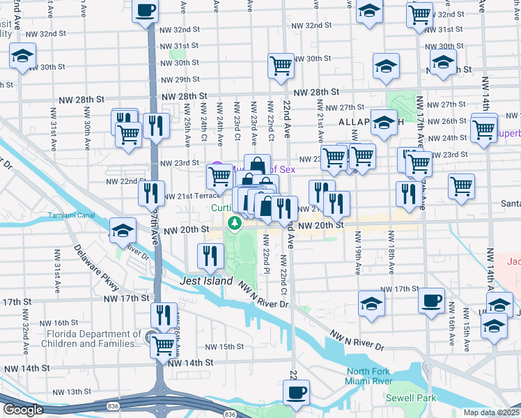 map of restaurants, bars, coffee shops, grocery stores, and more near 2055 Northwest 23rd Avenue in Miami