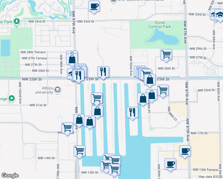 map of restaurants, bars, coffee shops, grocery stores, and more near 2333 Northwest 94th Avenue in Doral