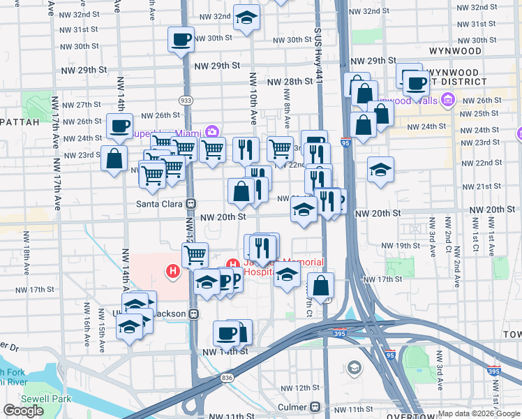 map of restaurants, bars, coffee shops, grocery stores, and more near 2005 Northwest 10th Avenue in Miami