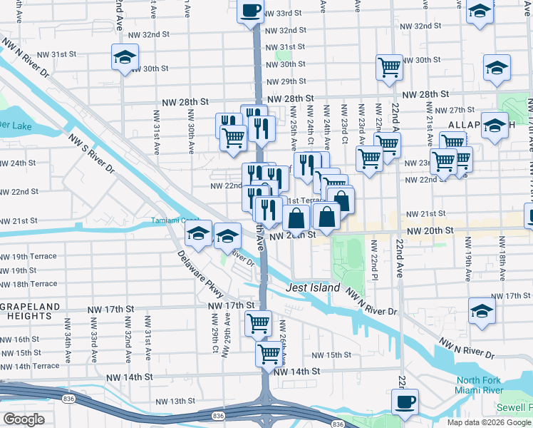 map of restaurants, bars, coffee shops, grocery stores, and more near 2053 Northwest 27th Avenue in Miami