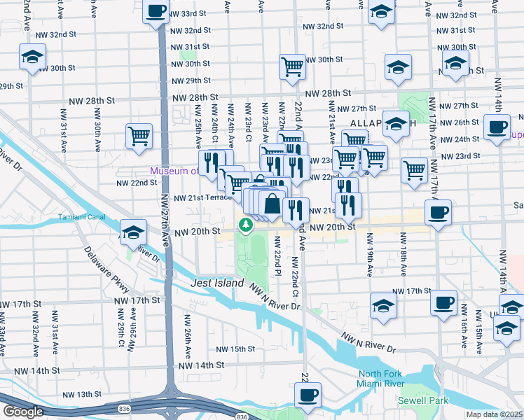map of restaurants, bars, coffee shops, grocery stores, and more near 2055 Northwest 23rd Avenue in Miami