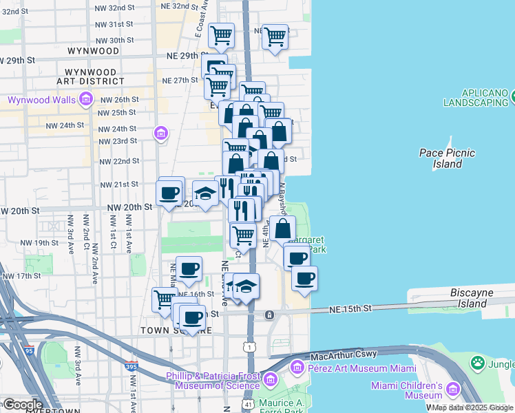 map of restaurants, bars, coffee shops, grocery stores, and more near 1999 Biscayne Boulevard in Miami