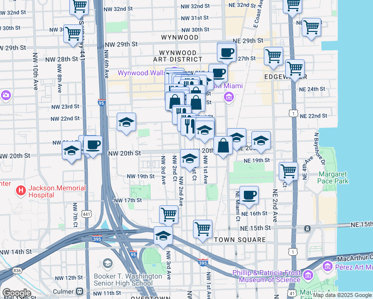 map of restaurants, bars, coffee shops, grocery stores, and more near in Miami