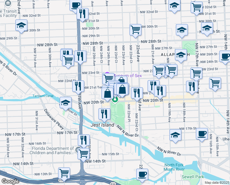 map of restaurants, bars, coffee shops, grocery stores, and more near 2090 Northwest 23rd Avenue in Miami