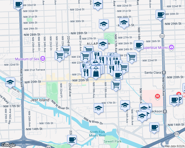 map of restaurants, bars, coffee shops, grocery stores, and more near 1907 Northwest 21st Street in Miami