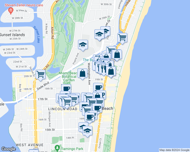 map of restaurants, bars, coffee shops, grocery stores, and more near 1935 Park Avenue in Miami Beach