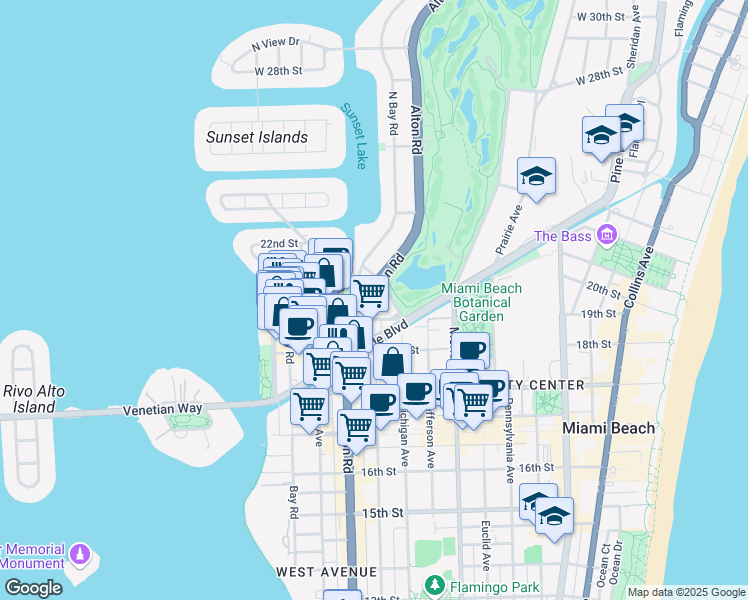 map of restaurants, bars, coffee shops, grocery stores, and more near 1965 Alton Road in Miami Beach