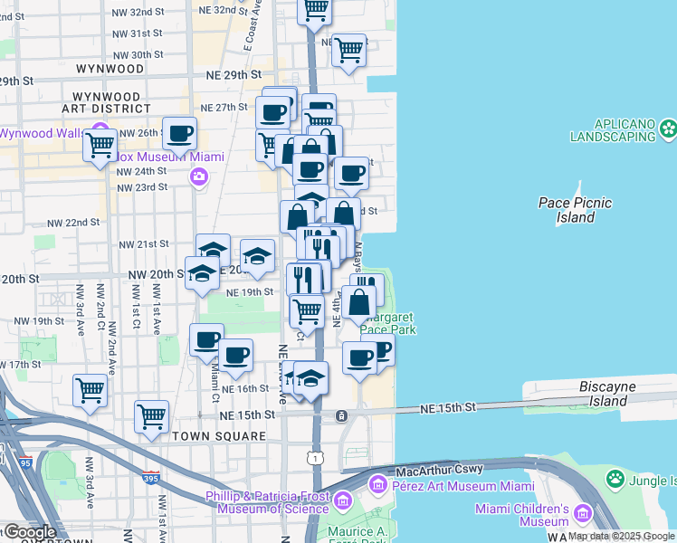 map of restaurants, bars, coffee shops, grocery stores, and more near in Miami