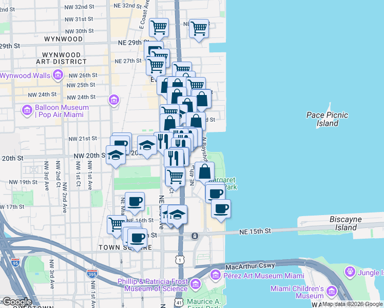 map of restaurants, bars, coffee shops, grocery stores, and more near 2001 Biscayne Boulevard in Miami