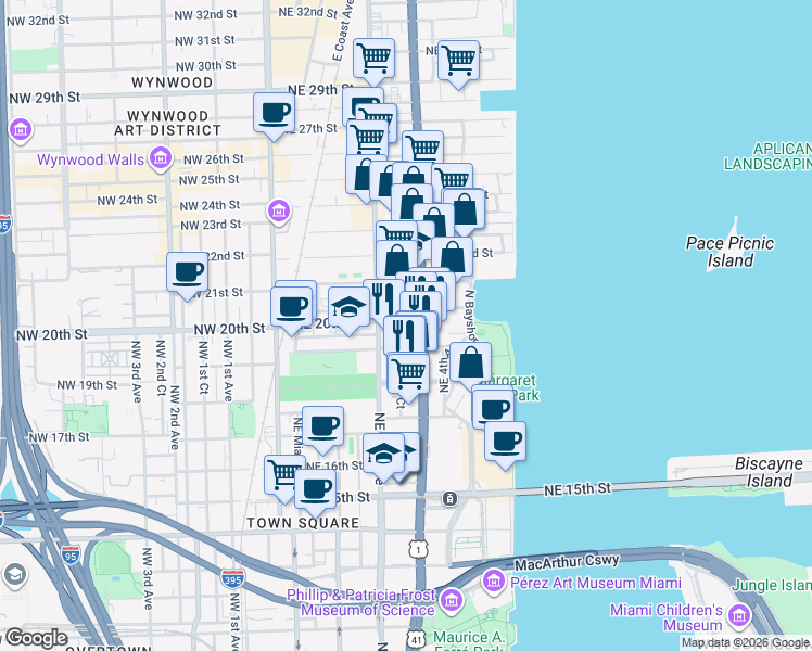 map of restaurants, bars, coffee shops, grocery stores, and more near 230 Northeast 20th Street in Miami