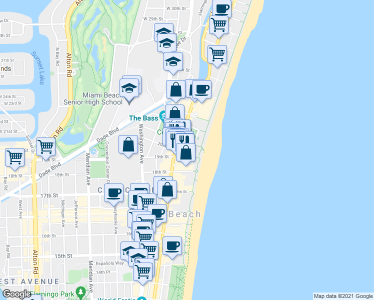 map of restaurants, bars, coffee shops, grocery stores, and more near 1999 Collins Avenue in Miami Beach