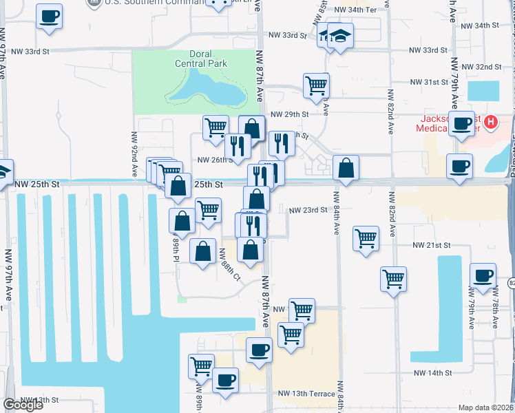 map of restaurants, bars, coffee shops, grocery stores, and more near 2264 Northwest 87th Avenue in Doral