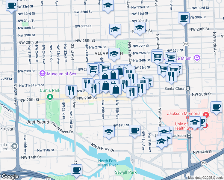 map of restaurants, bars, coffee shops, grocery stores, and more near 1828 NW 21st St in Miami