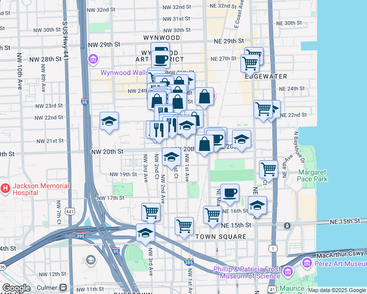 map of restaurants, bars, coffee shops, grocery stores, and more near 2037 Northwest 1st Place in Miami