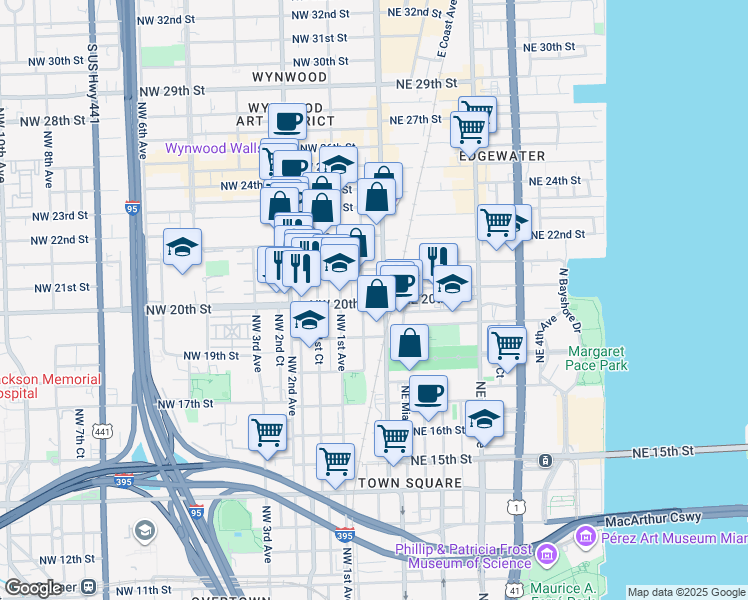 map of restaurants, bars, coffee shops, grocery stores, and more near in Miami