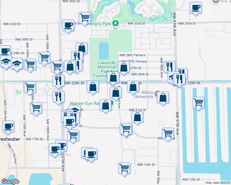 map of restaurants, bars, coffee shops, grocery stores, and more near 2330 Northwest 102nd Avenue in Doral