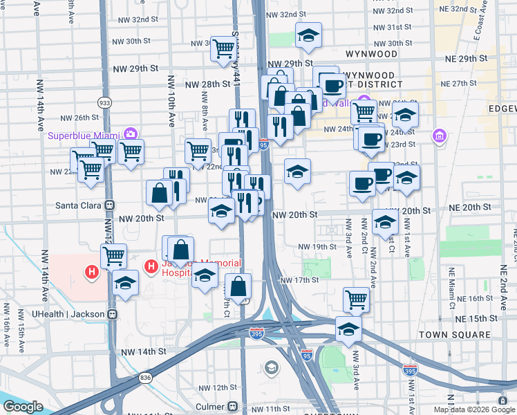 map of restaurants, bars, coffee shops, grocery stores, and more near 2010 Northwest 6th Street in Miami