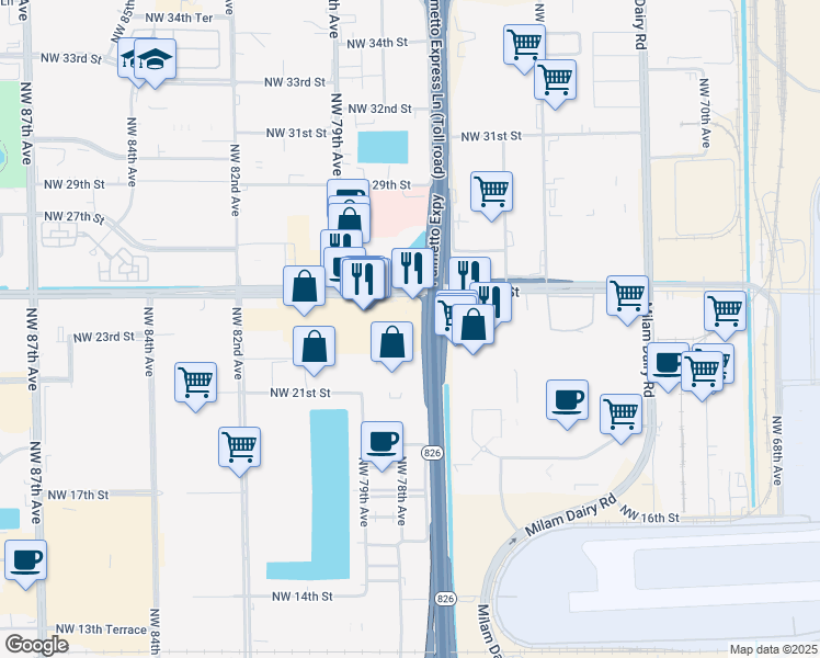 map of restaurants, bars, coffee shops, grocery stores, and more near 7750 Northwest 25th Street in Miami