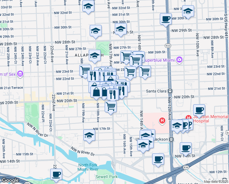 map of restaurants, bars, coffee shops, grocery stores, and more near 1670 Northwest 21st Street in Miami
