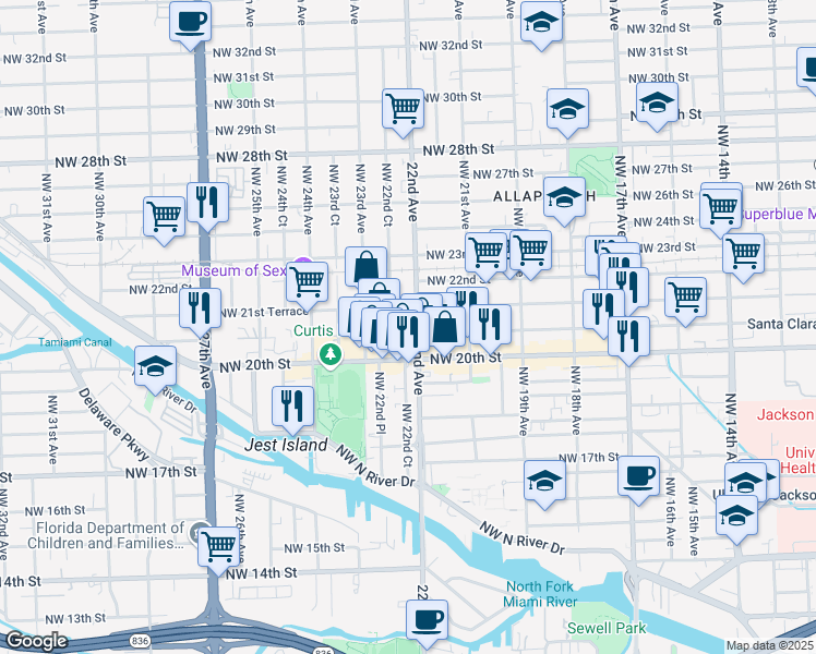 map of restaurants, bars, coffee shops, grocery stores, and more near 2060 Northwest 22nd Avenue in Miami