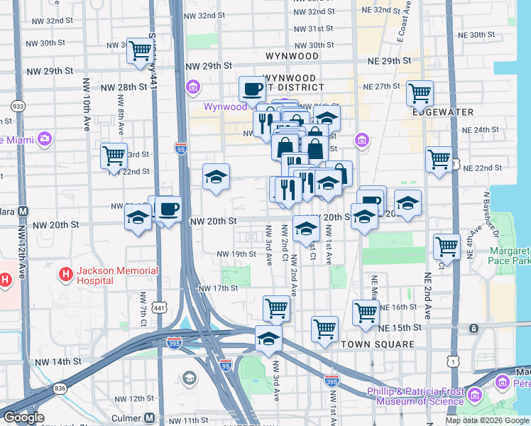 map of restaurants, bars, coffee shops, grocery stores, and more near 2000 Northwest 3rd Avenue in Miami