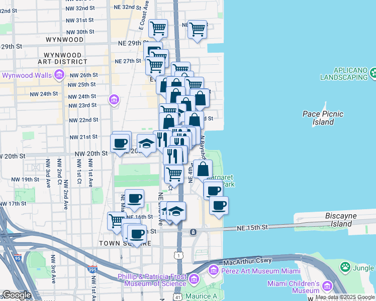 map of restaurants, bars, coffee shops, grocery stores, and more near in Miami