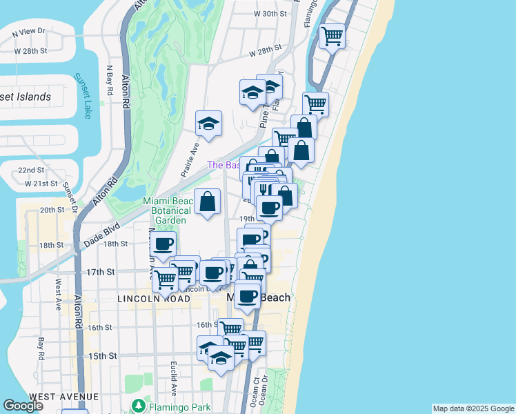map of restaurants, bars, coffee shops, grocery stores, and more near in Miami Beach