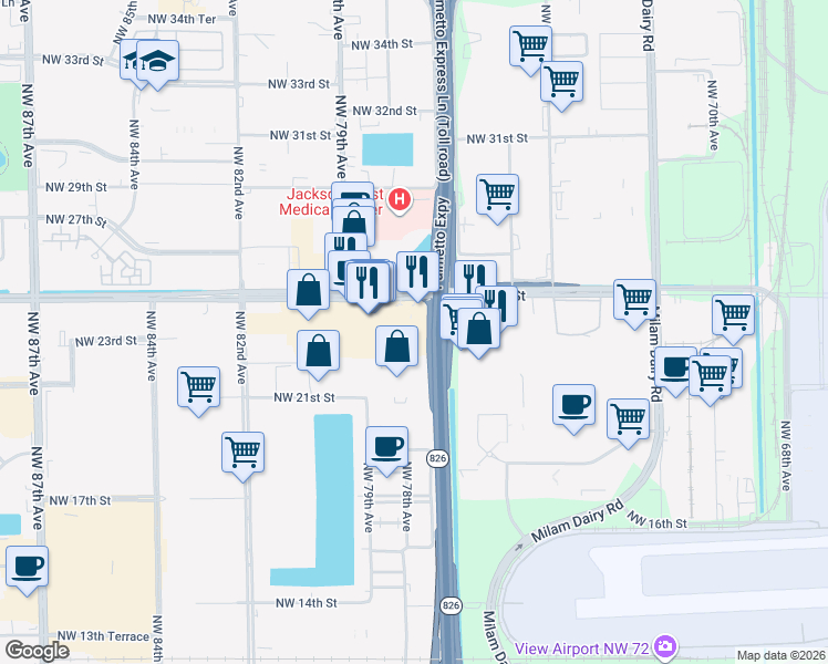 map of restaurants, bars, coffee shops, grocery stores, and more near 7750 Northwest 25th Street in Miami