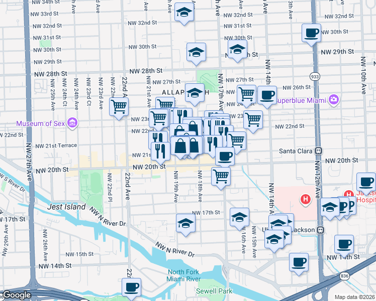 map of restaurants, bars, coffee shops, grocery stores, and more near 1828 Northwest 21st Street in Miami