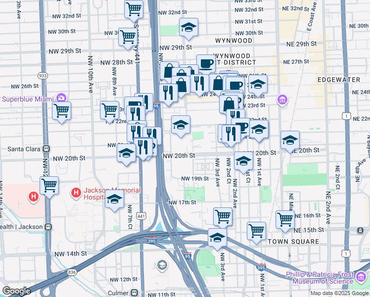 map of restaurants, bars, coffee shops, grocery stores, and more near 505 Northwest 20th Street in Miami