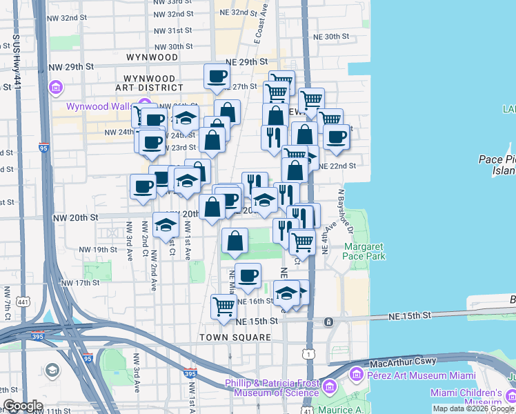 map of restaurants, bars, coffee shops, grocery stores, and more near 119 Northeast 20th Street in Miami
