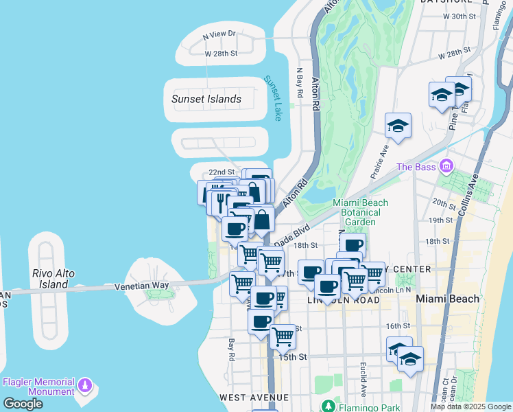 map of restaurants, bars, coffee shops, grocery stores, and more near 106 20th Street in Miami Beach
