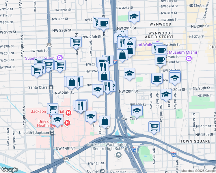 map of restaurants, bars, coffee shops, grocery stores, and more near 2010 Northwest 6th Street in Miami