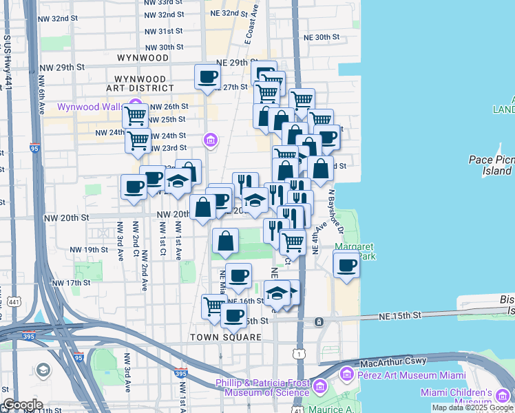map of restaurants, bars, coffee shops, grocery stores, and more near in Miami