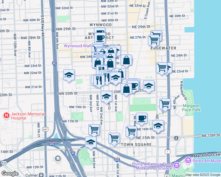map of restaurants, bars, coffee shops, grocery stores, and more near 2037 Northwest 1st Place in Miami