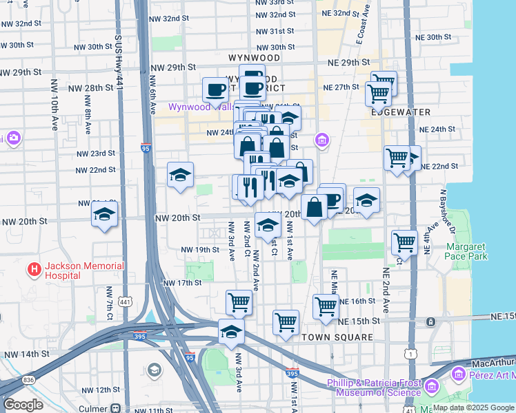 map of restaurants, bars, coffee shops, grocery stores, and more near in Miami