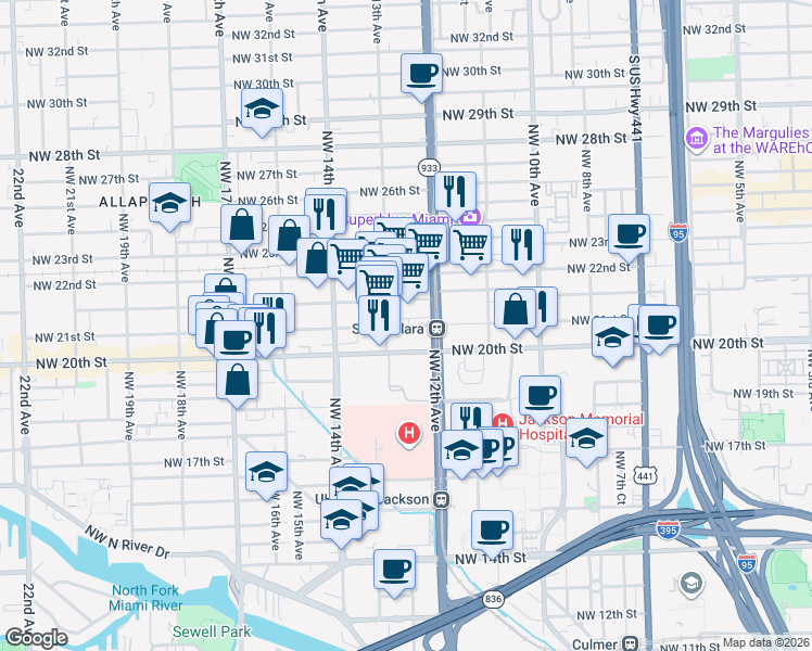 map of restaurants, bars, coffee shops, grocery stores, and more near 1251 Northwest 13th Avenue in Miami
