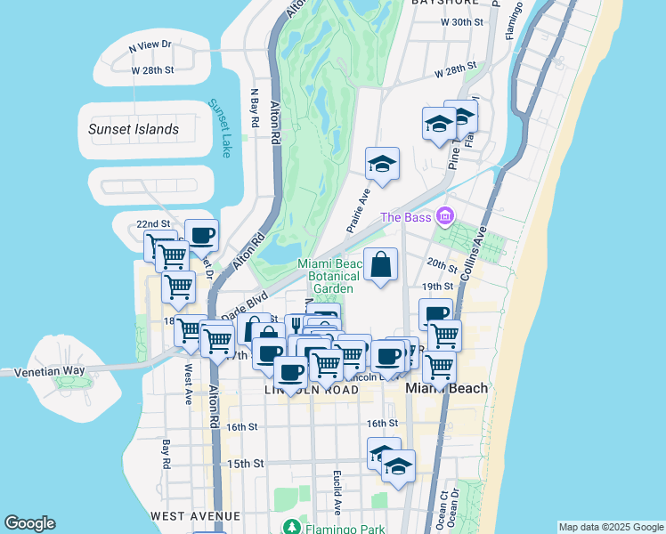 map of restaurants, bars, coffee shops, grocery stores, and more near 2000 Convention Center Drive in Miami Beach