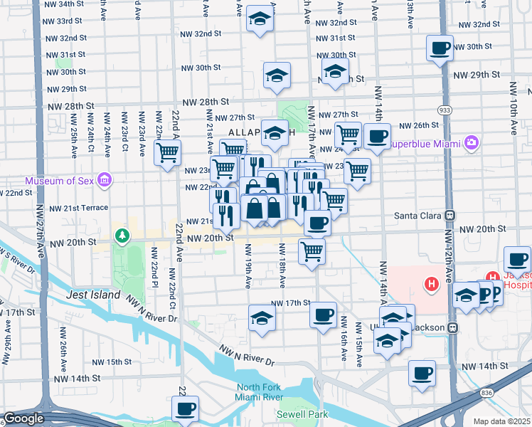 map of restaurants, bars, coffee shops, grocery stores, and more near 1828 Northwest 21st Street in Miami