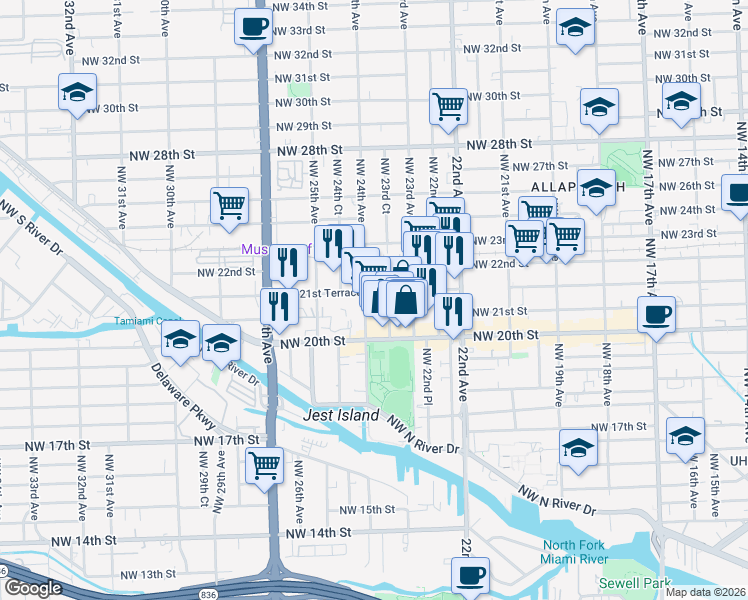 map of restaurants, bars, coffee shops, grocery stores, and more near 2090 Northwest 23rd Avenue in Miami