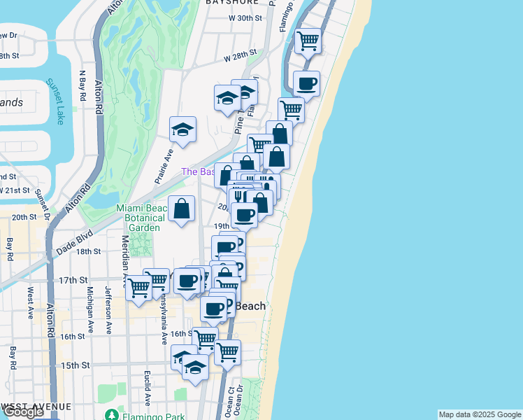 map of restaurants, bars, coffee shops, grocery stores, and more near 100 21st Street in Miami Beach