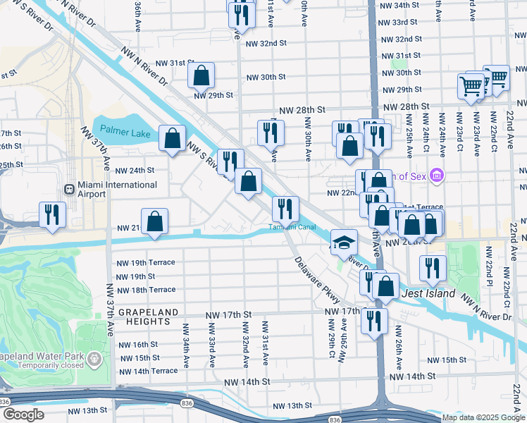 map of restaurants, bars, coffee shops, grocery stores, and more near 3198 Northwest South River Drive in Miami