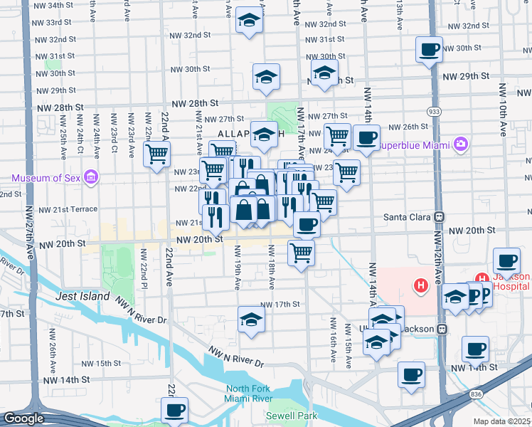 map of restaurants, bars, coffee shops, grocery stores, and more near 1828 Northwest 21st Street in Miami