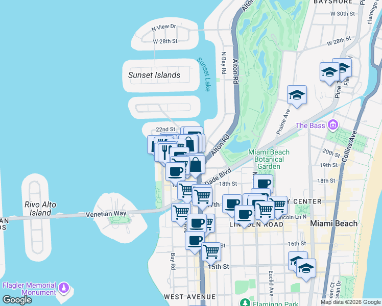 map of restaurants, bars, coffee shops, grocery stores, and more near 1201 20th Street in Miami Beach