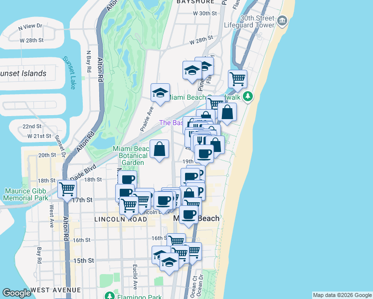 map of restaurants, bars, coffee shops, grocery stores, and more near 1935 Park Avenue in Miami Beach