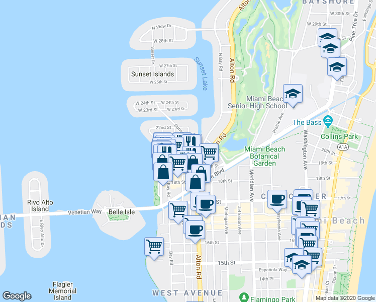 map of restaurants, bars, coffee shops, grocery stores, and more near 106 20th Street in Miami Beach