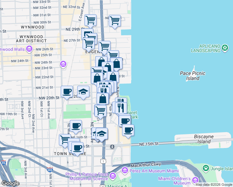 map of restaurants, bars, coffee shops, grocery stores, and more near 1803 North Bayshore Drive in Miami