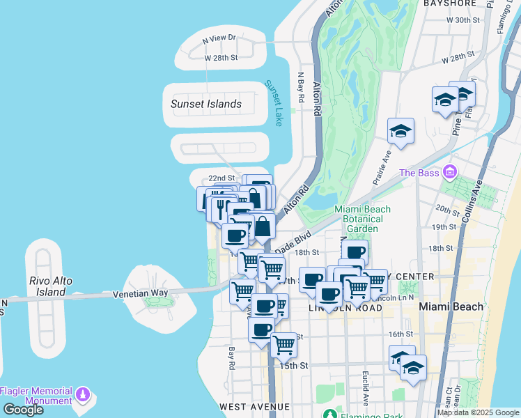 map of restaurants, bars, coffee shops, grocery stores, and more near 106 20th Street in Miami Beach