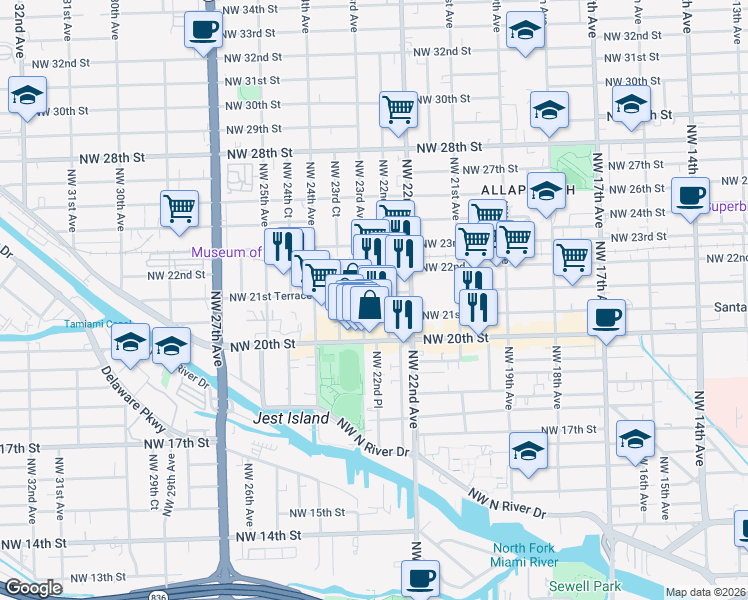 map of restaurants, bars, coffee shops, grocery stores, and more near 2055 Northwest 23rd Avenue in Miami